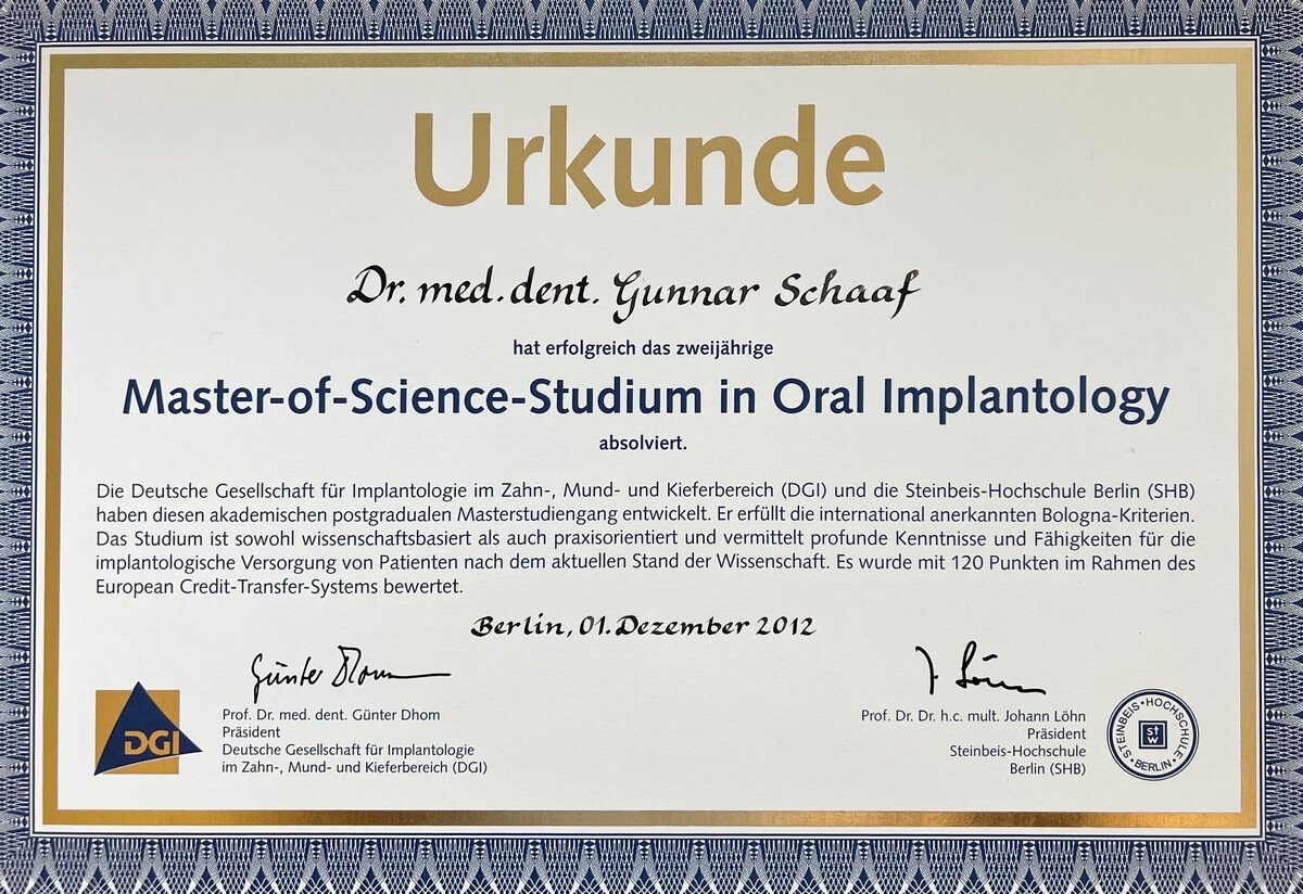 urkunde master of science implantologie dgi